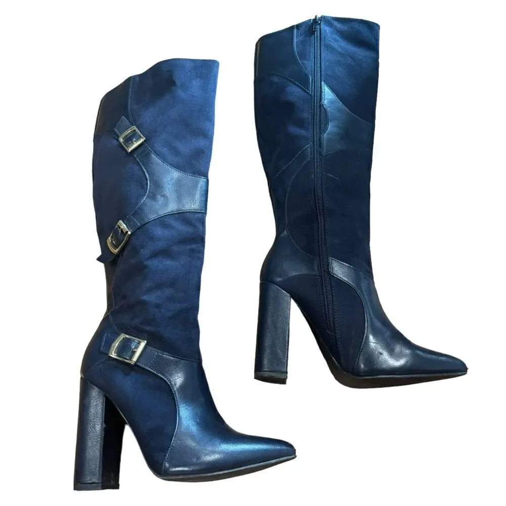JUSTFAB Yelda Navy Blue Gold Buckle Knee High Heeled Pointed Toe Boots